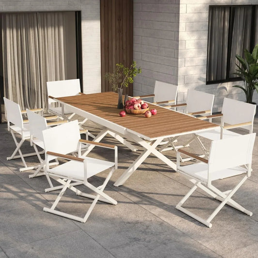 9-Piece Outdoor Dining Set, 8 Extra-Wide Foldable Chairs & 1 Extendable Table, UV-Resistant Mesh , Outdoor Dining Table Sets