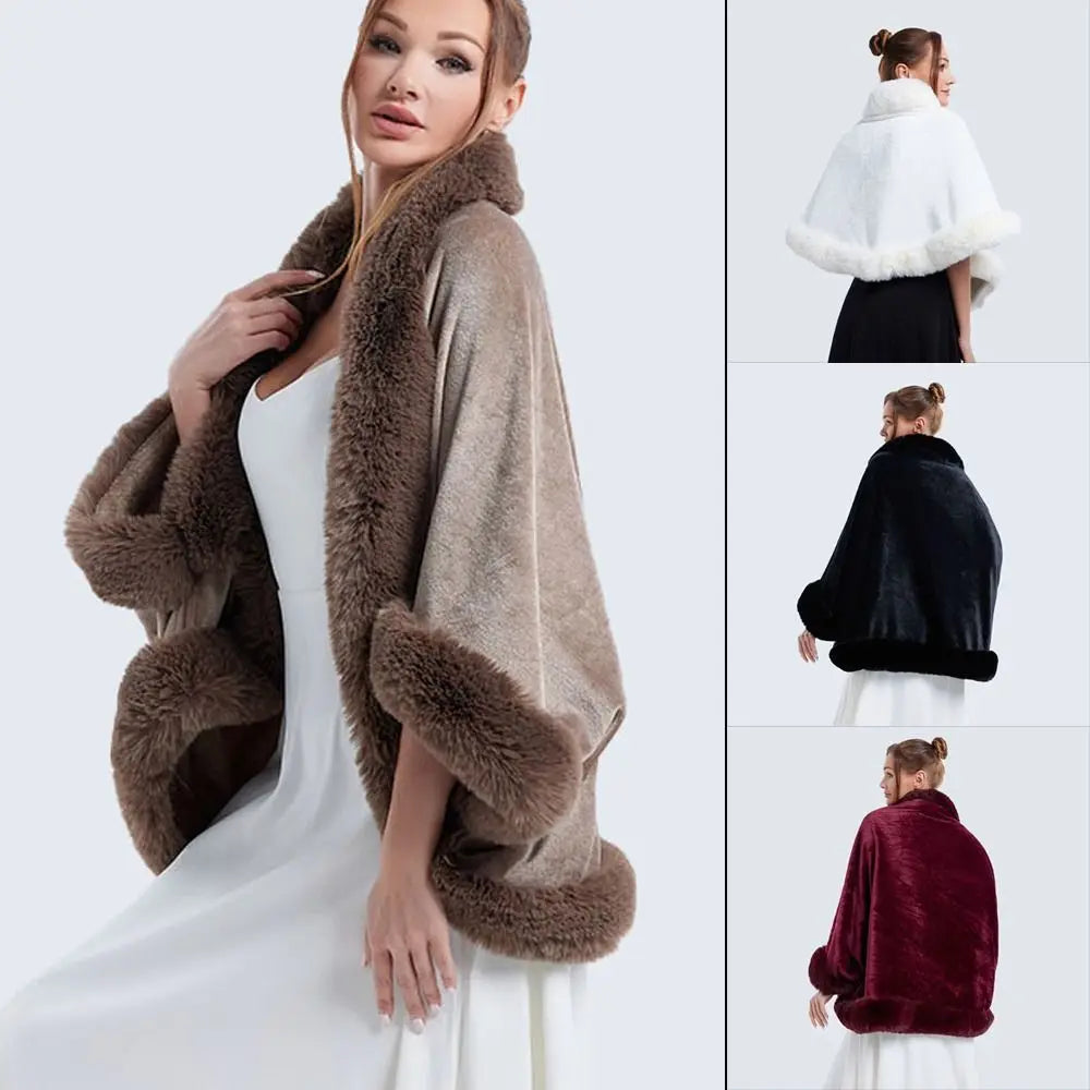 Trendy Winter Warm Plush Shawl Thicken With Sleeves Faux Fur Collar Shawl Coat Cardigan Cape