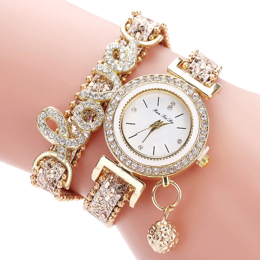 hot sale fashion love style rhinestone wrap leather women wrist watch