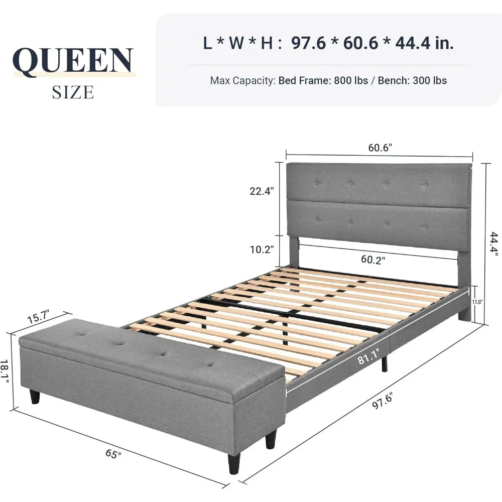 Queen Bed Frame, Upholstered Platform Beds Frames with Mattress Foundation, Wood Slat Support, Bed Frame