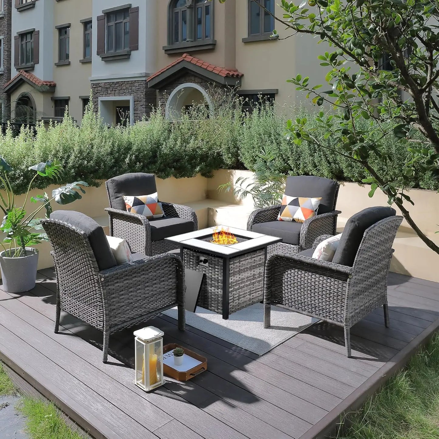 4 Pieces Patio Furniture Set with Fire Pit Table, Outdoor Wicker Chairs of 4, All Weather High Back Rattan Chairs 4 Seats