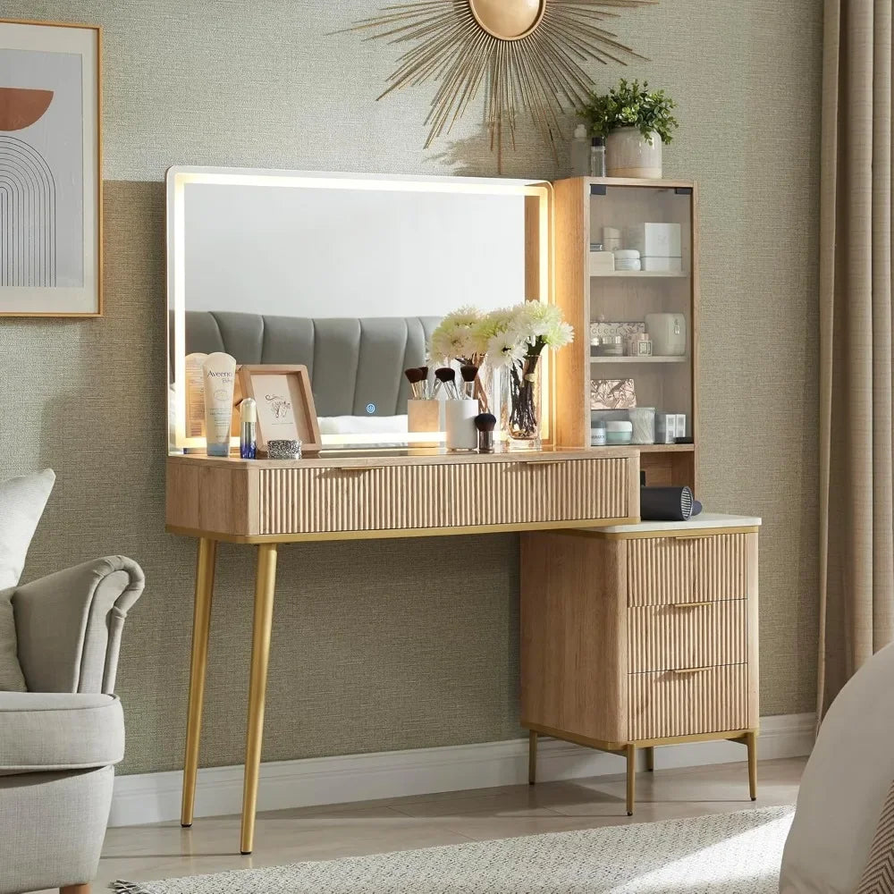 Vanity Desk with 36" HD Lighted Mirror,48" Big Modern Vanity Desk with Mirror and Lights,Dressing Table with 5 Drawers & Shelves