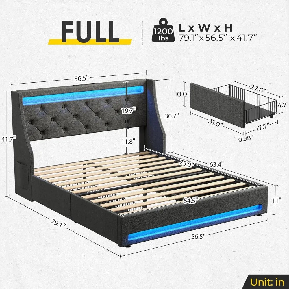 Full Bed Frame with LED Lights and Charging Station, Upholstered Bed with Drawers, Wooden Slats, Noise Free, Easy Assembly