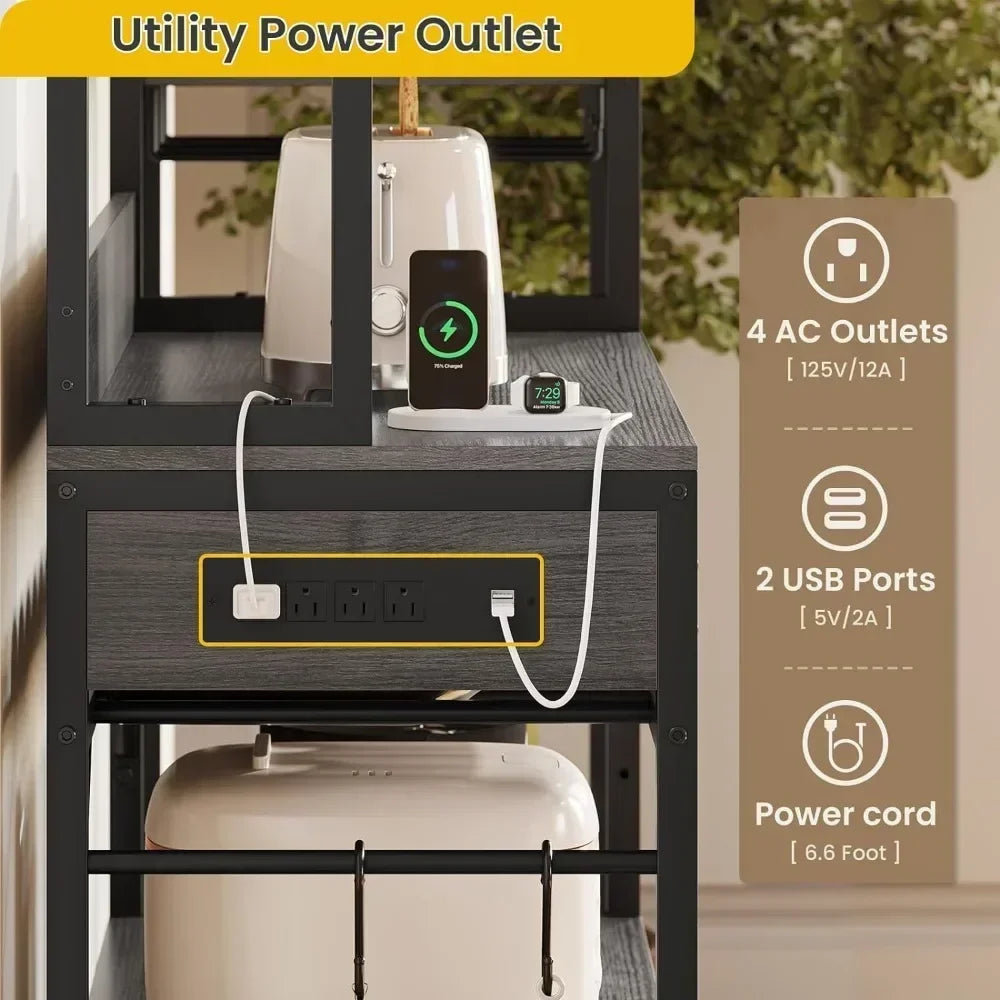 Kitchen Microwave Stand, Bakers Rack with Power Outlet,Waterproof,Durable,Heavy Duty,Ample Storage Space,modern Kitchen Cabinet