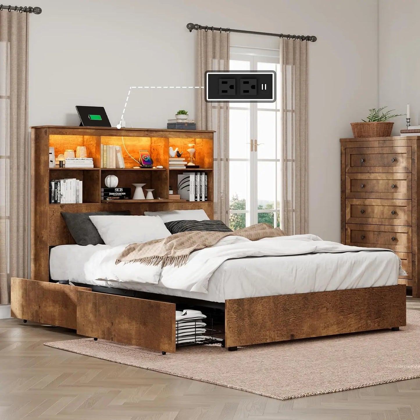 Bed Frame with LED Bookcase Headboard, Wooden Storage Bed with Charging Station & 4 Drawers, No Box Spring Needed/Noise-Free