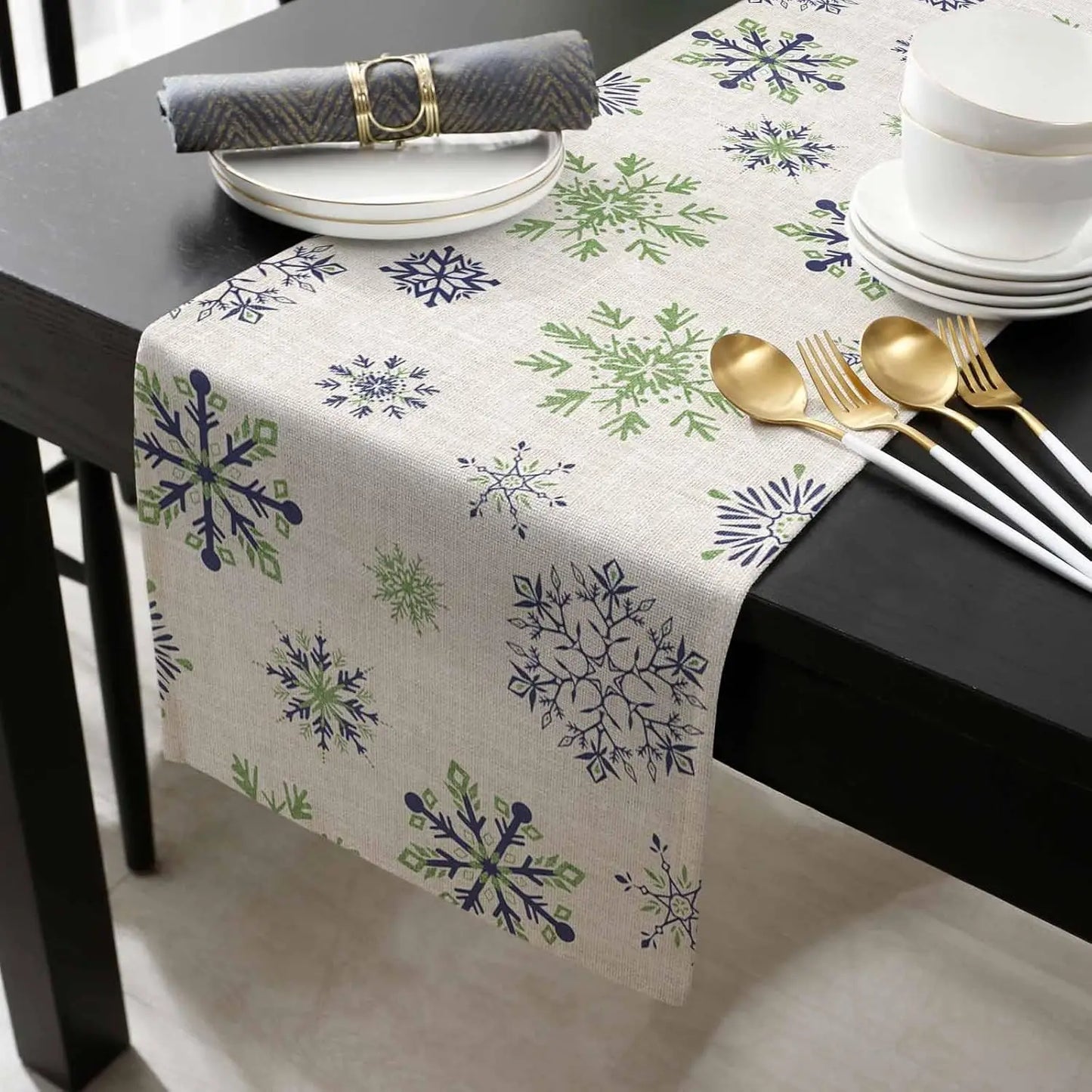 Christmas Blue Green Snowflakes Linen Table Runner for Dining Table Decor Winter Xmas Table Runners Christmas Home Decorations