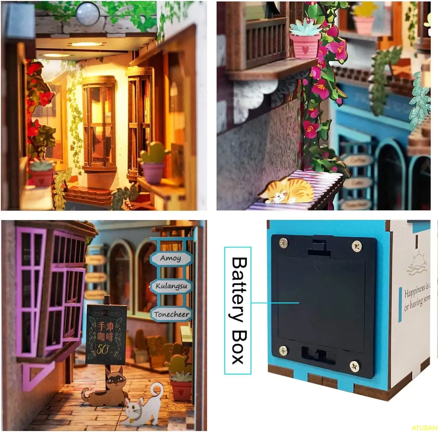 AMOBOX-Book Nook Kit with Sensor Lights, DIY 3D Wooden Puzzles, Dollhouse Bookshelf, Creativity Kit, Gifts for Teens and Adults