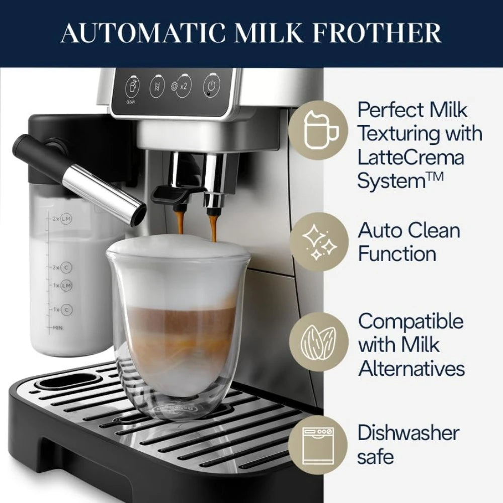 Magnifica Start Espresso & Coffee Machine with Automatic Milk Frother, One Touch Latte, Cappuccino, Built-in Grinder,Silver