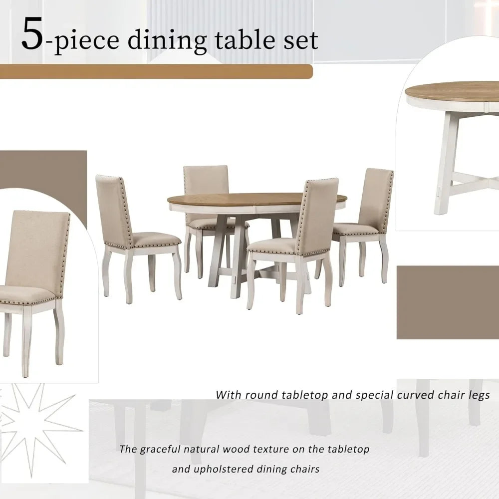 5-Piece Farmhouse Dining Table Set Wood Round Extendable Dining Table and 4 Upholstered Dining Chairs Suitable for living room