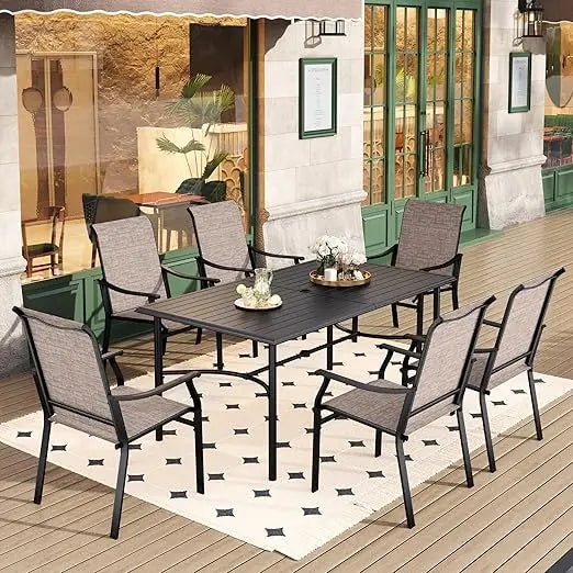 Outdoor Patio Dining Set ,6 Brown Textilene Chairs with 1.61"~2" Umbrella Hole, Outdoor 7pcs Patio Furniture Sets