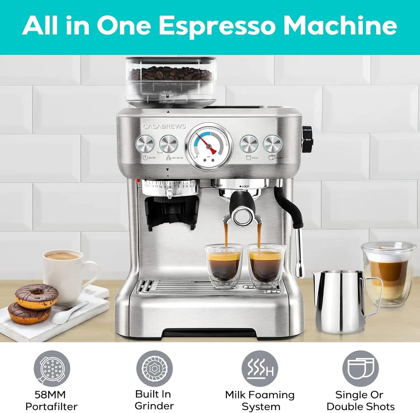 Espresso Machine With Grinder, Professional Espresso Maker With Milk Frother Steam Wand, Barista Latte Machine With Re