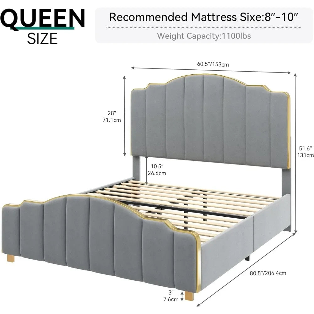 Queen Bed Frame with Tall Headboard, Premium Velvet Upholstered Bed with Golden Plating Trim,Platform Bed No Box Spring Needed