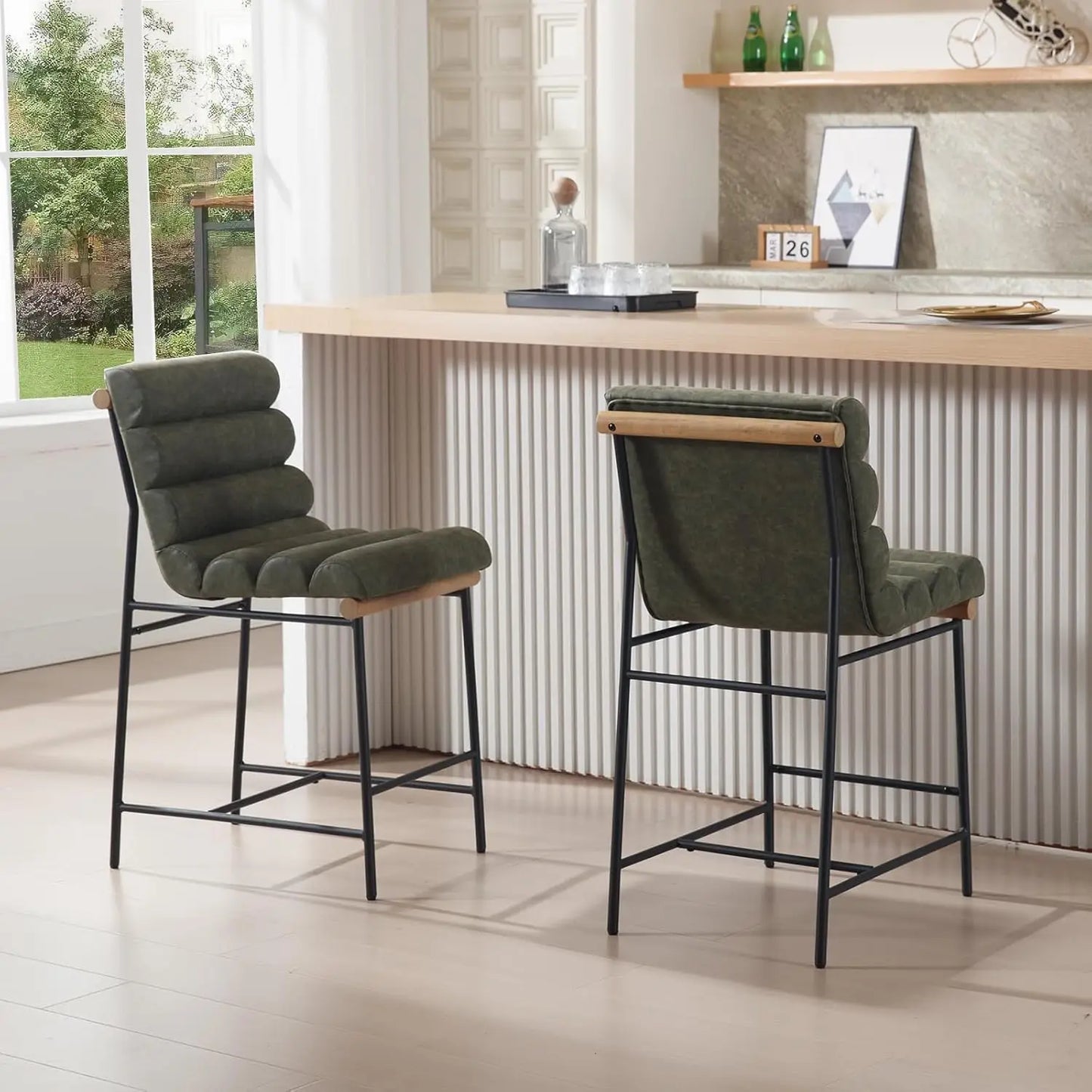 Upholstered Counter Stools Set of 2 Black Metal Legs Stool with Deep Channel Tufted Back and Seat, Armless Counter Height Chairs