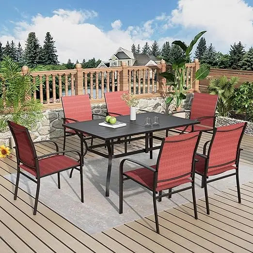 Patio Table and Chairs Set,with Brown Chairs and Metal Rectangular Table for Deck Backyard Lawn Poolside,Outdoor Furniture Sets