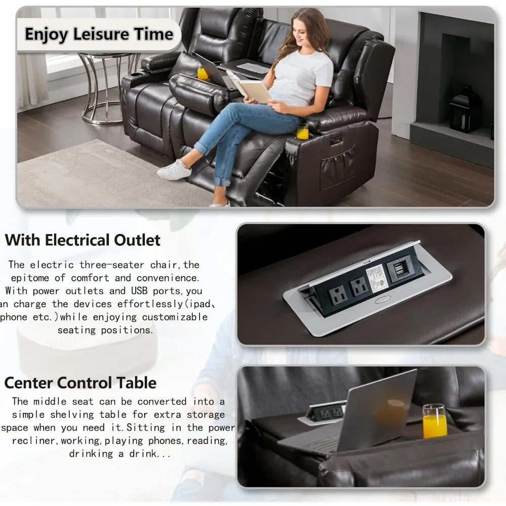 3 Seater Recliner Sofa Power Reclining Sofa with Console Wall Recliners RV Home Theater Seating with Flipped Middle Backrest