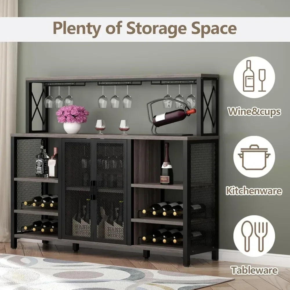 Wine Bar Cabinet, 55 Inches Industry Coffee Bar Cabinet with Wine Rack and Glass Holder, Kitchen Sideboard Buffet Cabinet