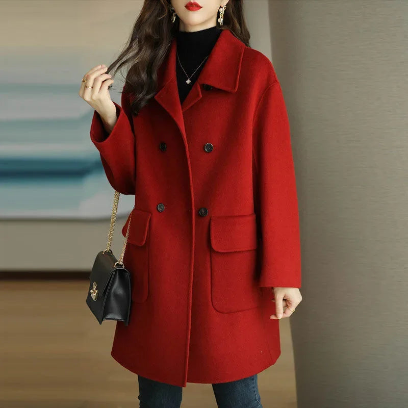 Woolen Jacket Women's Coffee Color Thickened Slim Fit Korean Style Loose Fit Medium Length Overcoat For Autumn/Winter 2024