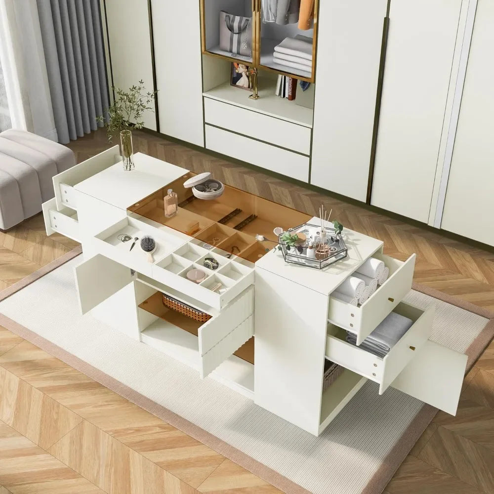 Wardrobe Armoire Bedroom Island with Glass Top, Glass Display Shelf,Closet Storage Cabinet with Open Shelves for Bedroom