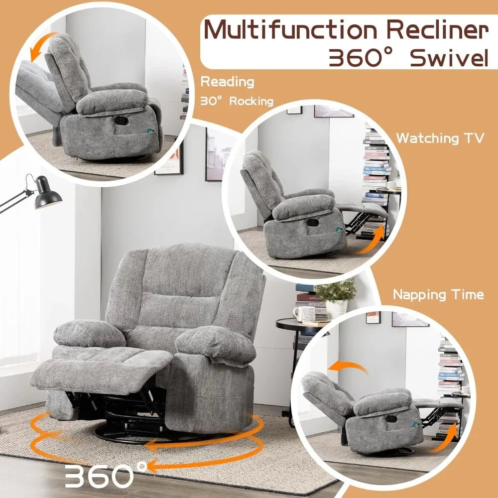 Swivel Recliner Chairs for Adults with Massage & Heat,  for Living Room,Upholstered Fabric 120°Rocking Chair ，Living Room Chairs