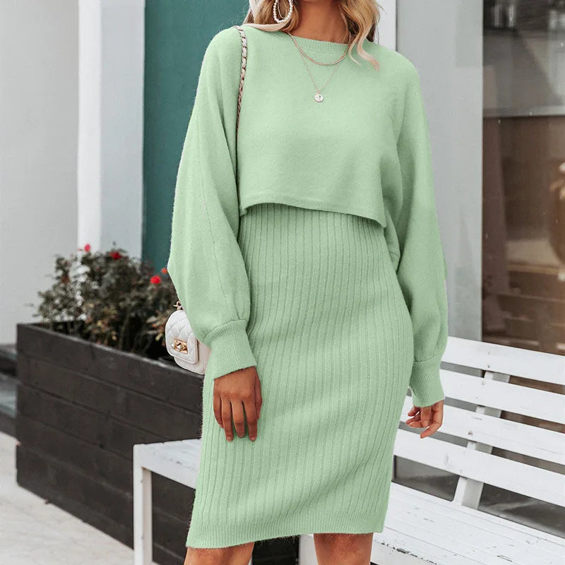 2024 autumn new two-piece set, soft versatilelazy fashionable solid color long sleeve pullover+ woolen halter V-neck long dress