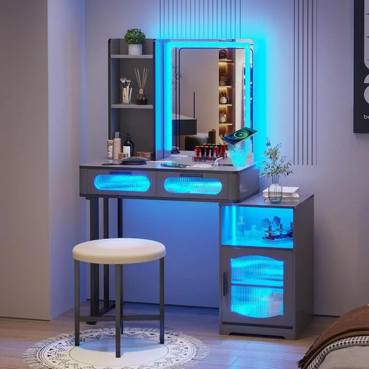 Vanity Desk with Mirror and Lights Small Makeup Vanity with Voice Activation & Wireless Charging, Bedroom Dressing Table