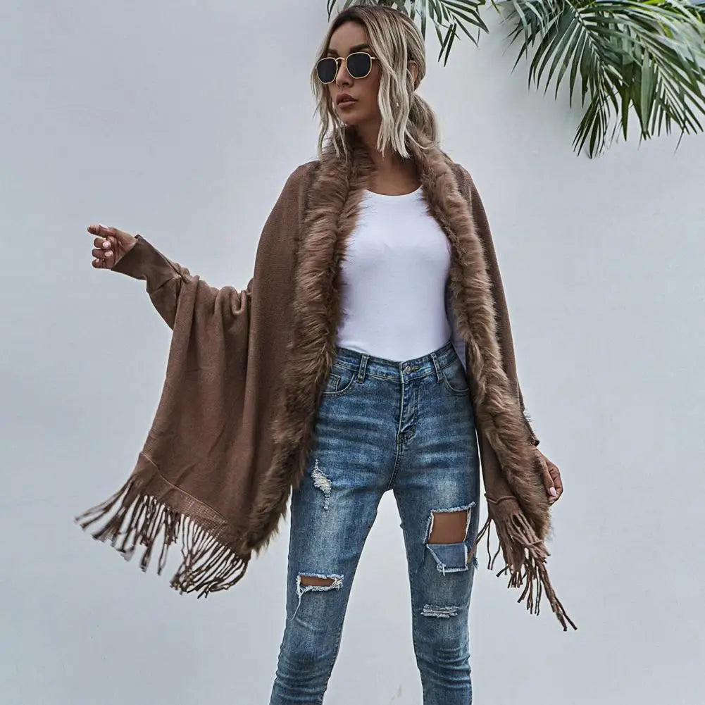 2022 Lady Sweater Coat Faux Fur Collar Luxury Tassel Hem Knitted Cardigan Coat Shawl Autumn Winter Women Cape Poncho Outerwear