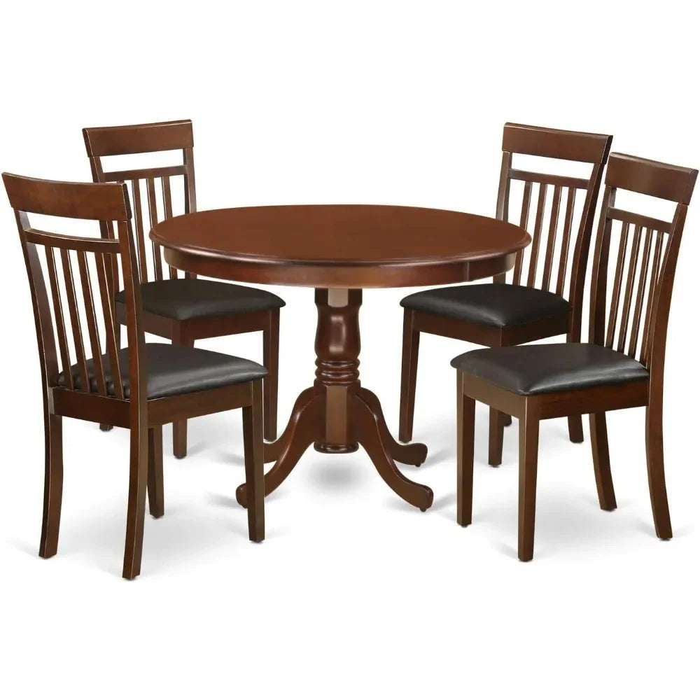 5 Piece Modern Dining Table Set Includes a Round Wooden Table with Pedestal and 4 Faux Leather Kitchen Dining Chairs