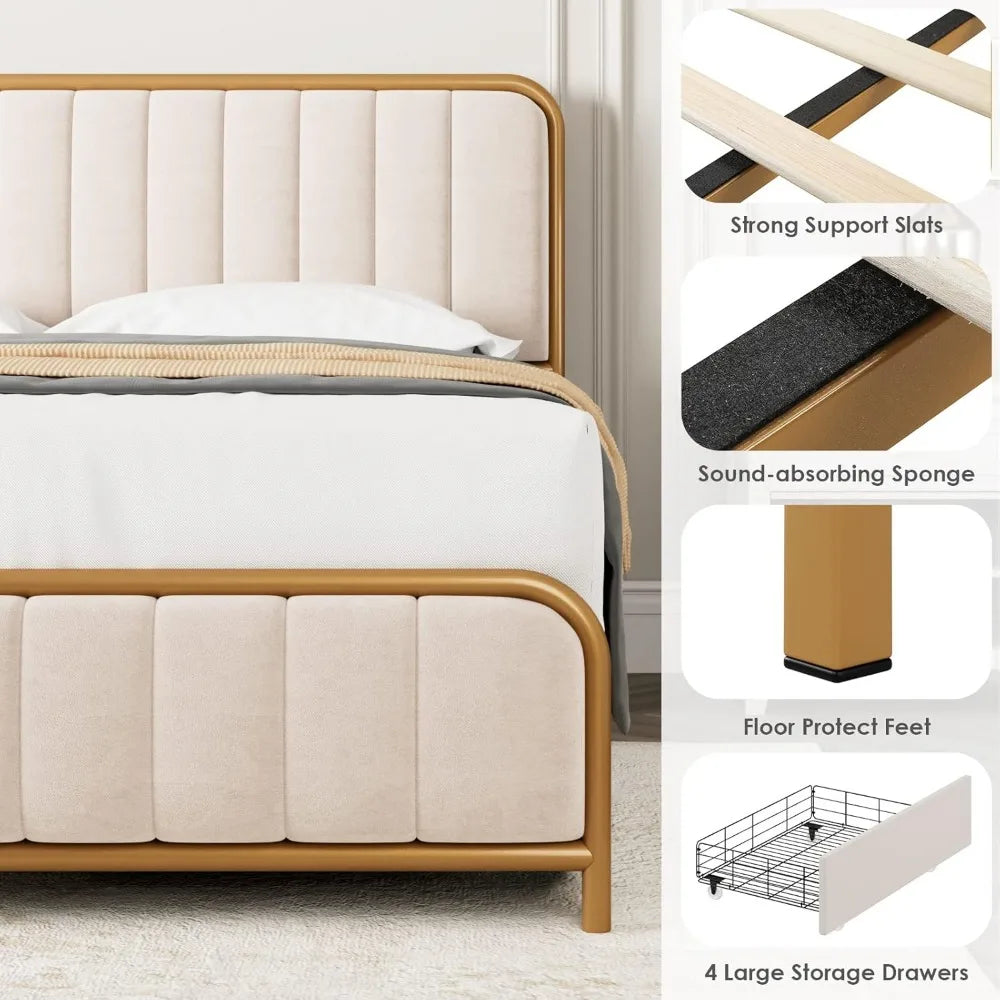 Upholstered Bed Frame with 4 Storage Drawers and Headboard, Heavy Duty Metal Mattress Foundation with Wooden Slats Easy Assembly