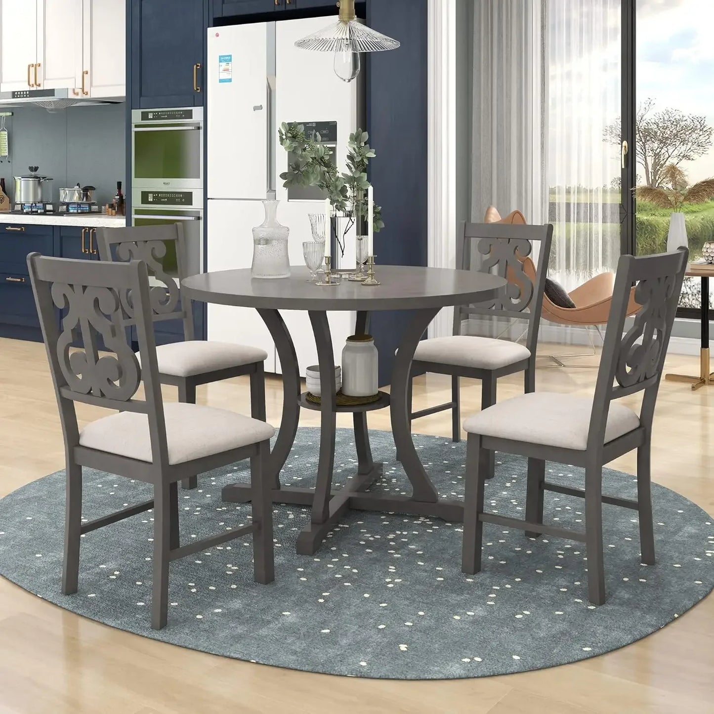 5-Piece Farmhouse Dining Table Set Wood Round Extendable Dining Table and 4 Upholstered Dining Chairs Suitable for living room