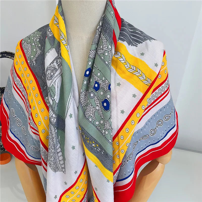 135cm Luxury Winter Silk Cashmere Scarf Women Saddle Print Manual Hand Rolled Shawls Warm Square Scarves Wraps Pashmina Bandana