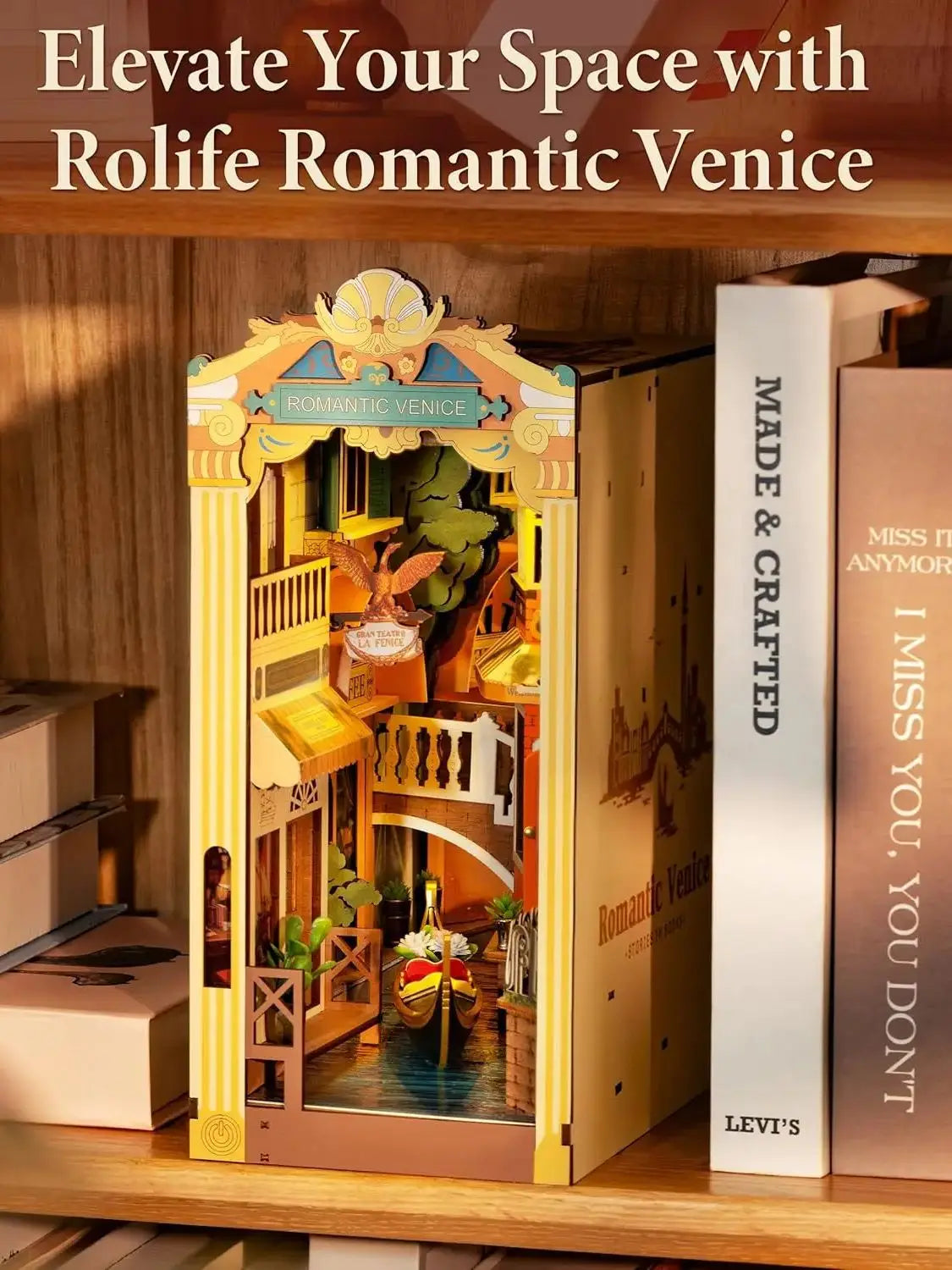 Robotime Romantic Venice Book Nook Kits with LED Lights DIY Miniature House Kit 3D Wooden Puzzle Decoration Gifts for Adults