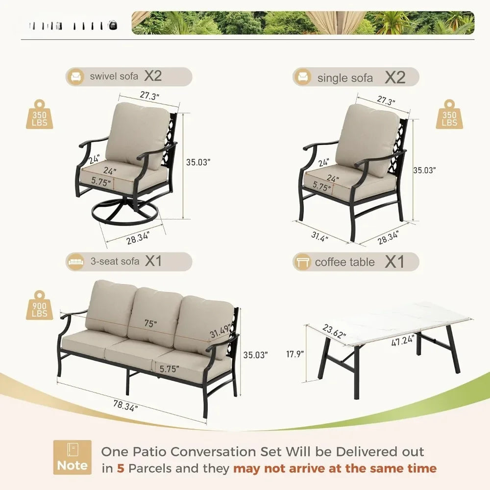 7 Pcs Patio Furniture Set , 2 X Swivel Chairs, 1 X Coffee Table and 5.75" Extra Thick Cushion, Outdoor Patio Furniture