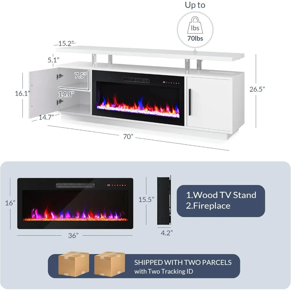 70" TV Stand for TVs Up to 75" Cabinets for Living Room LED Light Entertainment Center With 36" Electric Fireplace Heater Stands