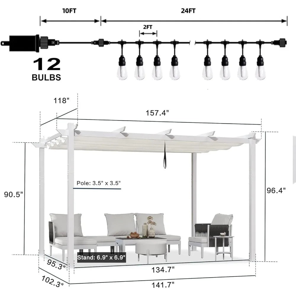 10x 13Outdoor Aluminum Pergola,Patio Metal Pergola with Double Sun Shade Canopy and String Lights,Heavy-Duty Retractable Pergola