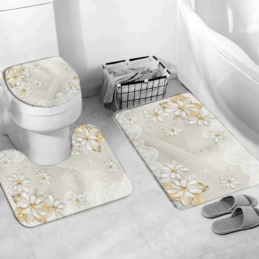 Elegant Bouquet of Fantastic White Flowers 3D Style Shower Curtain Bathroom Curtain with Bath Rug Carpet Set Floral Home Decor