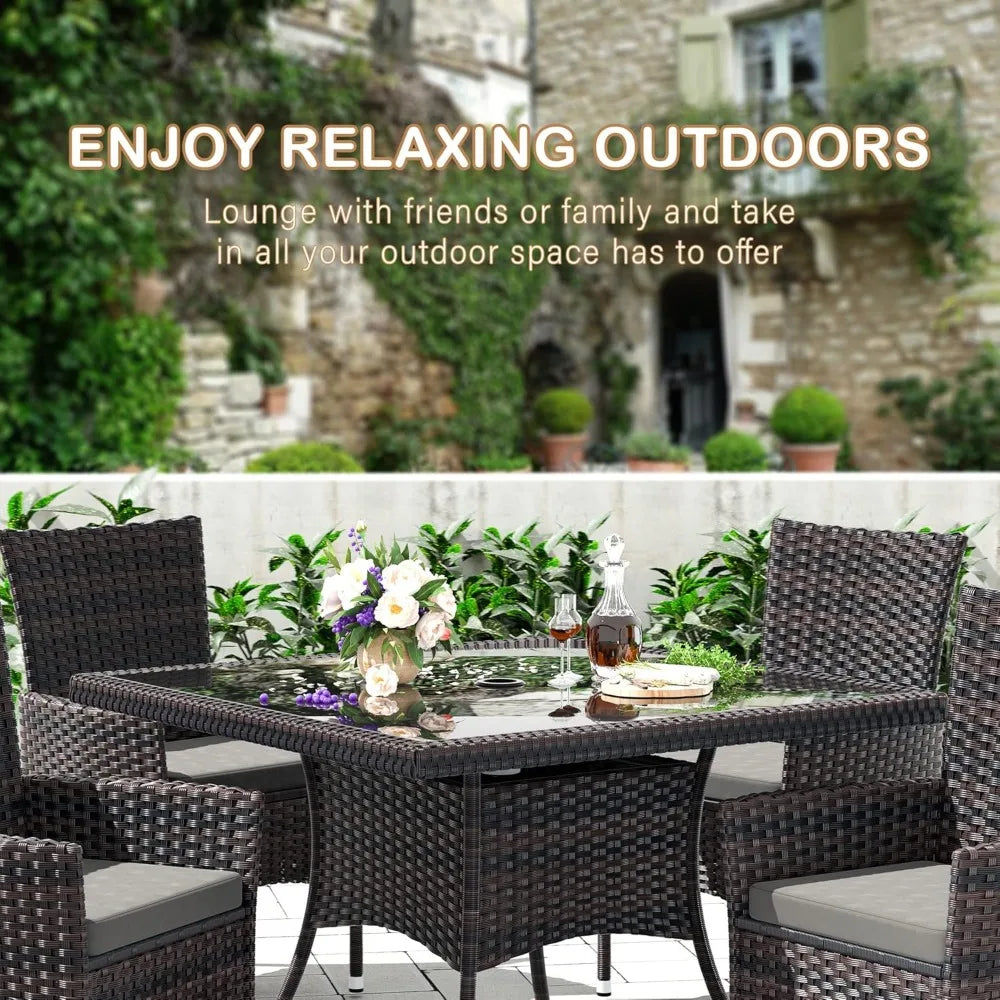 10 Pieces Patio Dining Set, with 2 Square Glass Tabletops 8 Chairs with Grey Cushions, Outdoor Rattan Furniture Dinning Set