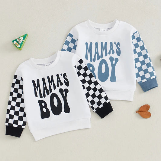 Baby Boys Sweatshirt, Long Sleeve Crew Neck Letters Print Plaid Infant Hoodie Fall Clothes