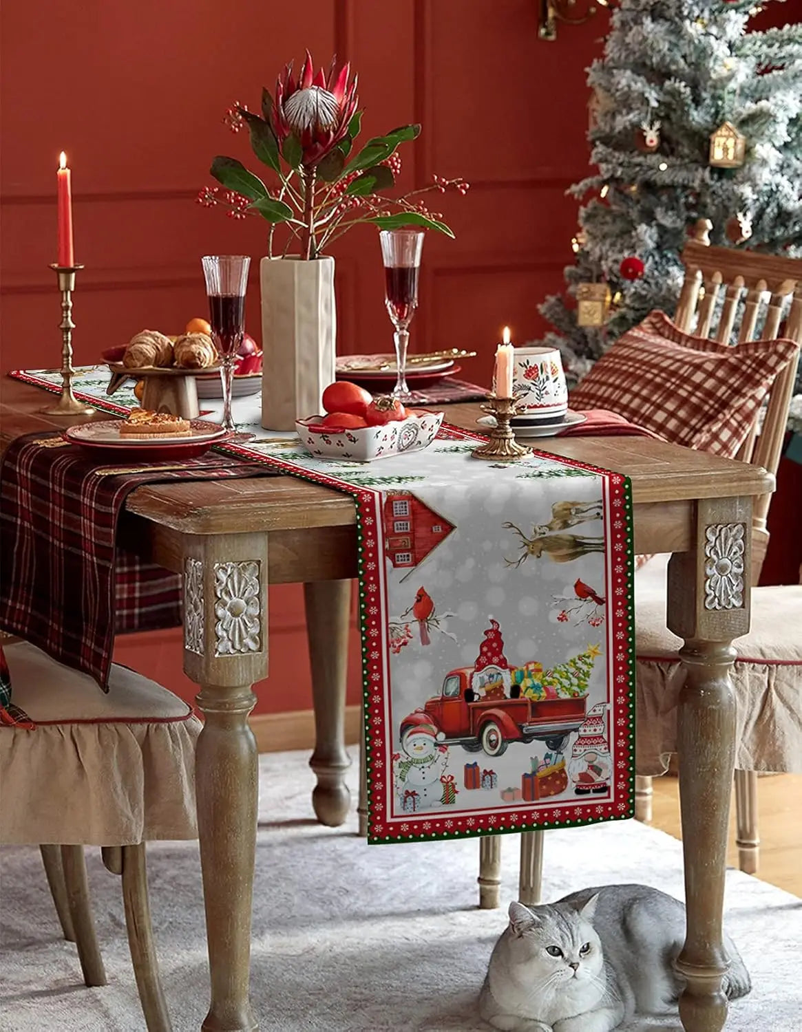 Christmas Truck Snowman Gnome Linen Table Runner Party Decor Xmas Tree Table Runners Kitchen Table Decor Christmas Decorations