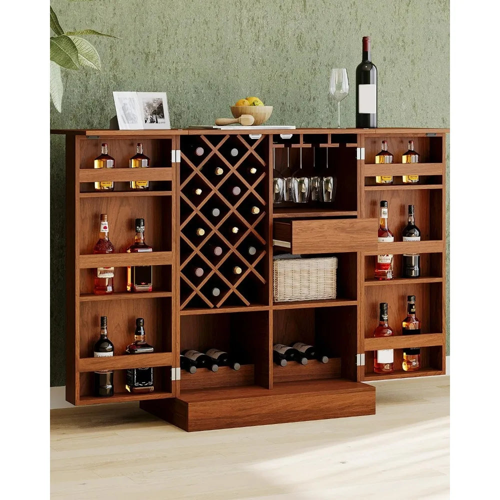 Home Coffee Bar Cabinet Rustic Foldable Sideboard Buffet Storage Cabinet with Wine Bottle Holder & Wine Glass Holder,