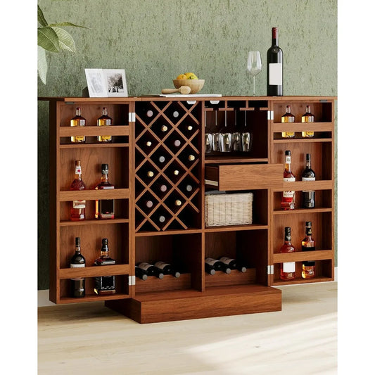 Home Coffee Bar Cabinet Rustic Foldable Sideboard Buffet Storage Cabinet with Wine Bottle Holder & Wine Glass Holder,