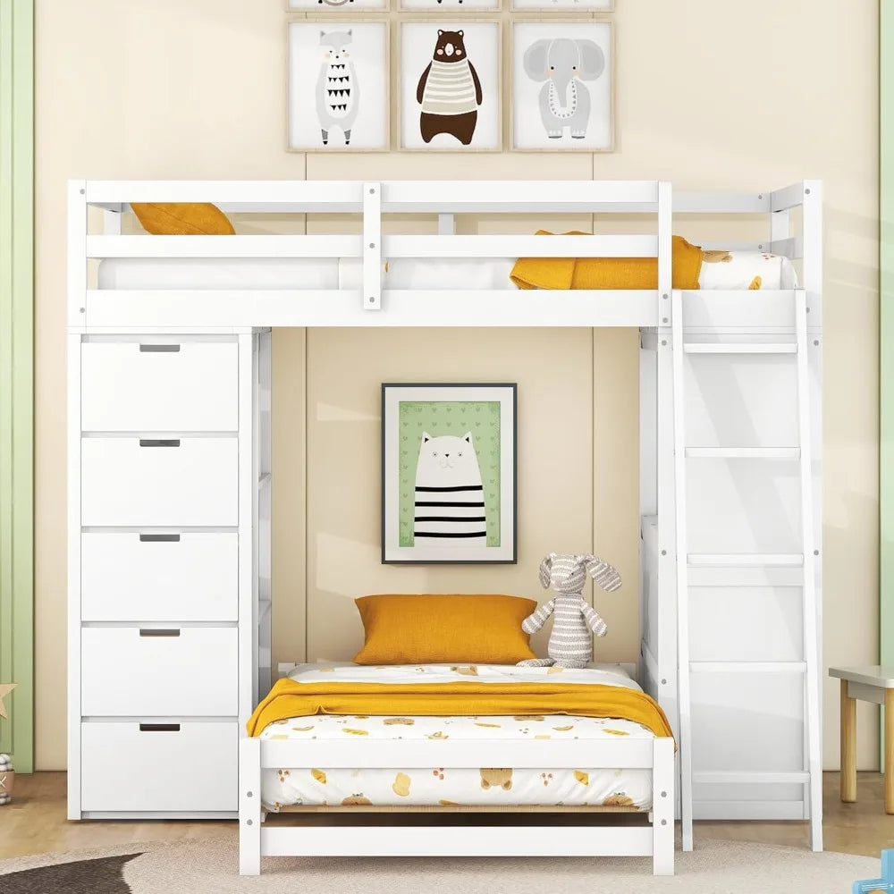 bed，Twin Over Twin Bunk Beds with Built-in Desk & Shelves,Soild Wood Bed Frame with 5 Storage Drawers, LED Light and USB Ports,