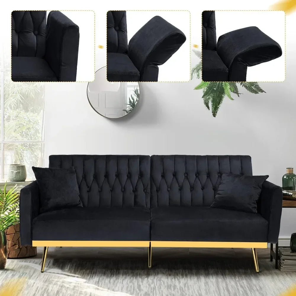 Velvet Futon Sofa Bed with 2 Pillows and Adjustable Armrests, Convertible Sleeper Bed, Living Room Sofa