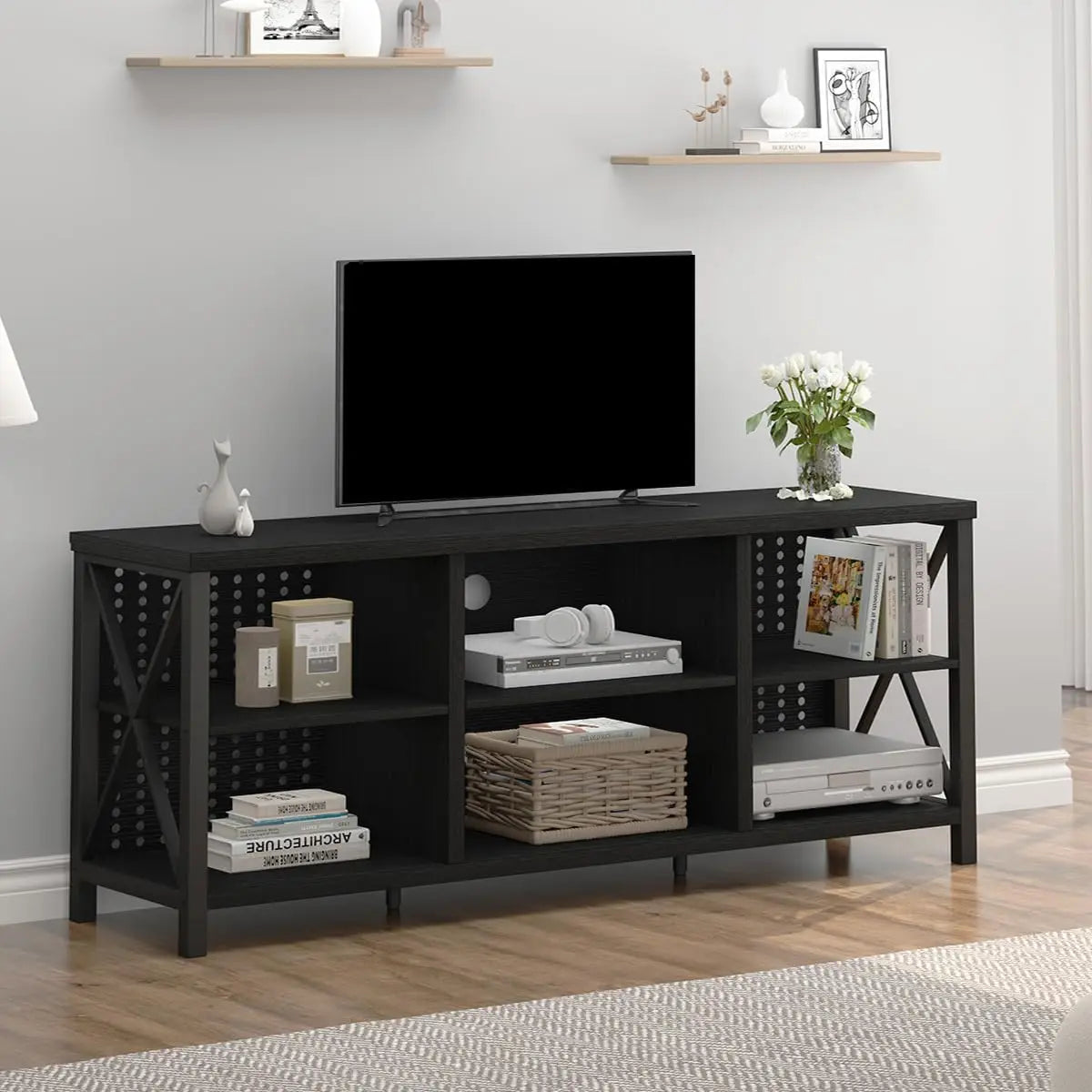 TV Stand for 75 Inch TV, Long Modern Wood Entertainment Center, Large Industrial Television Stands with Storage, Metal Media