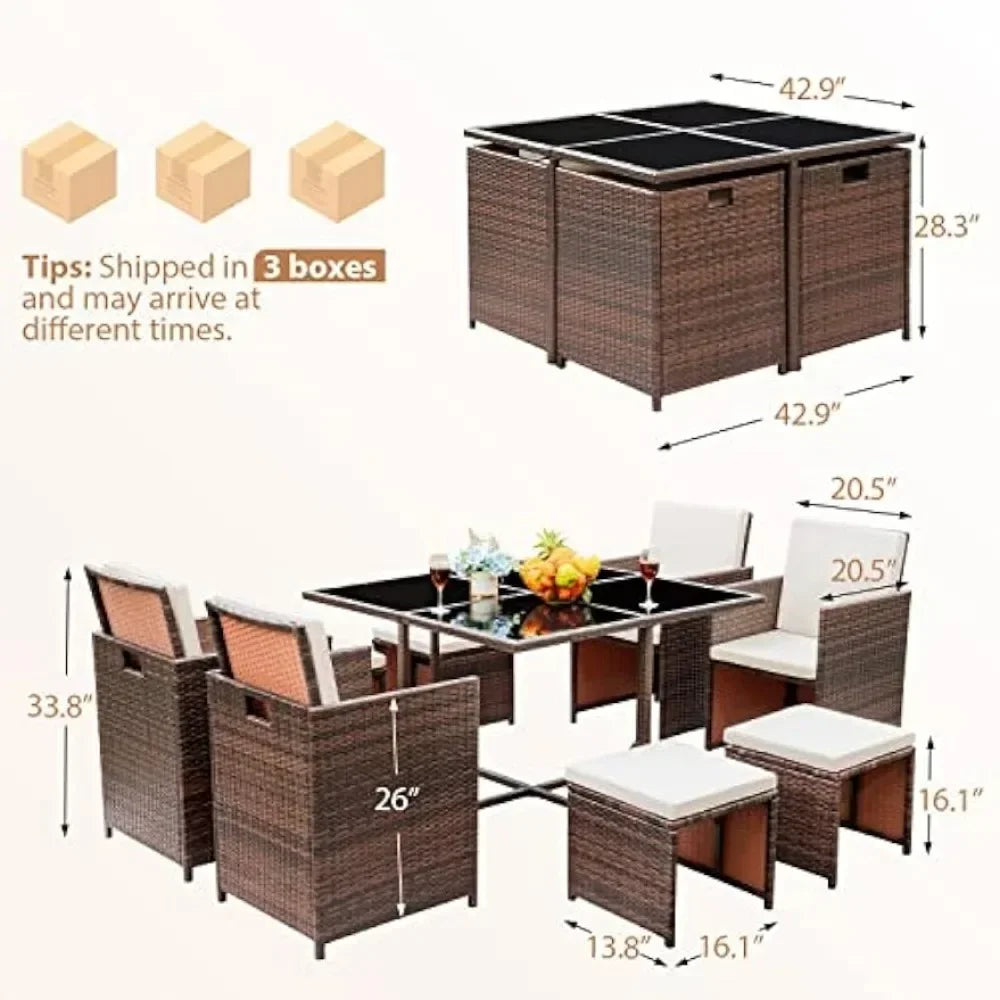 9 Pieces Dining Outdoor Furniture, Patio Wicker Rattan Chairs and Tempered Glass Table Sectional Conversation Set