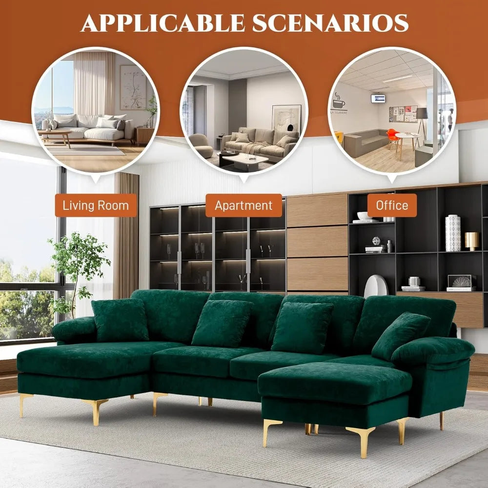 U-Shaped Sectional Sofa Couch, 4 Seat Sofa Set for Living Room, Convertible L-Shaped Velvet Couch Set with Chaise Lounge