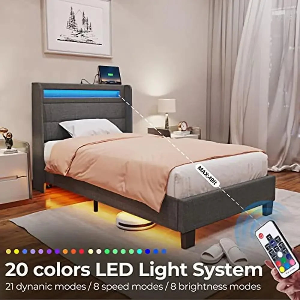 LED Twin Size Bed Frame with Charging Station and Motion Activated Night Light Dark Gray USB Port Remote Control Modern Style