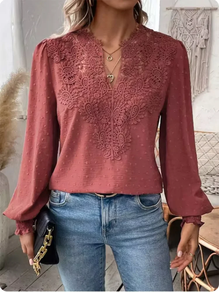 Luxury Solid Color V-Neck Long Sleeved Lace Top Women's Hollow T-Shirt Lady Elegant Office Autumn Spring Blouse Clothes