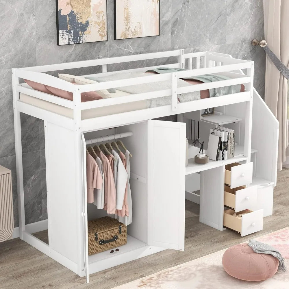 Loft Bed ,with Wardrobe,6 Storage Staircase, 3 Drawers and Cabinet, Twin Size Loft Beds for Family, Teens, Wood Bunk Bed Frame