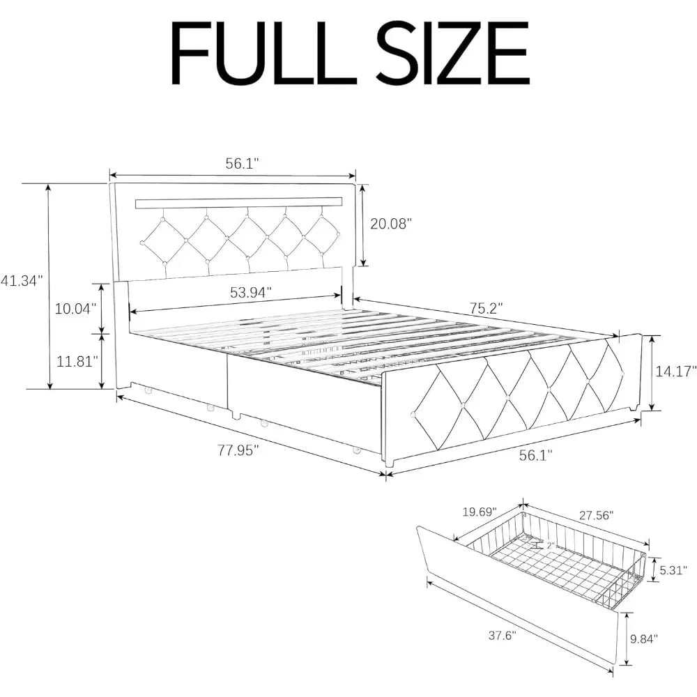 Upholstered Bed Frame with 4 Drawers and LED Adjustable Headboard, Charge Station, Solid Wooden Slats Support,White Bed Bases.