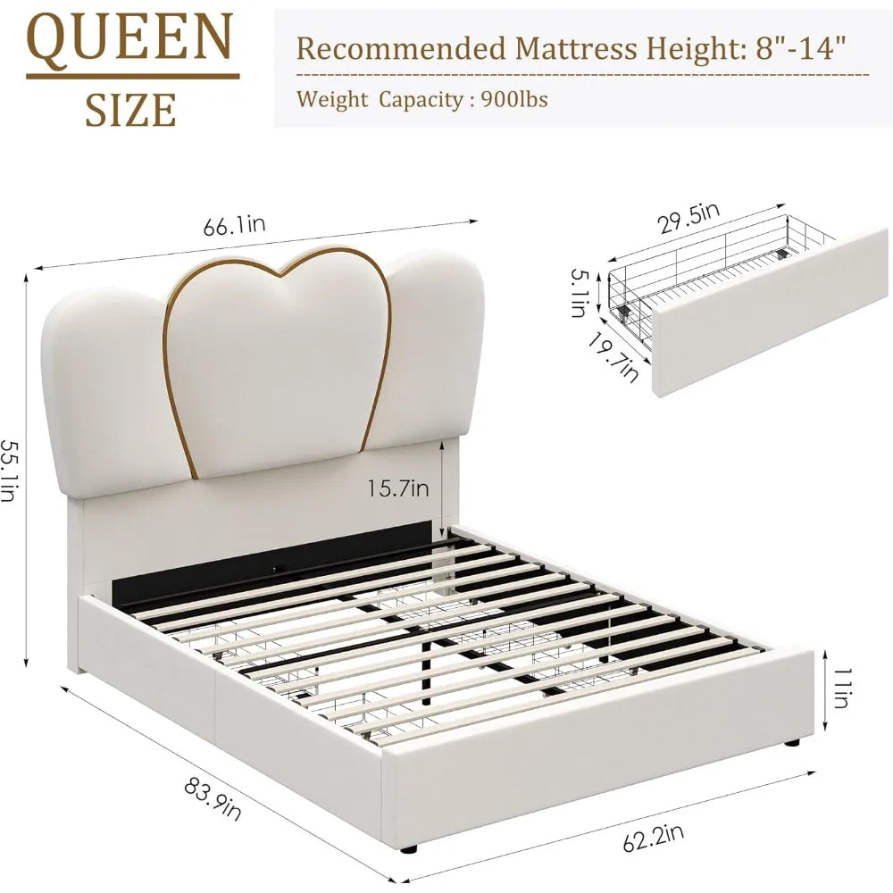 LED Bed Frame with 4 Storage Drawers, Modern Velvet Upholstered Platform Bed with 55" Tall Heart Shaped Headboard, Bed Bases